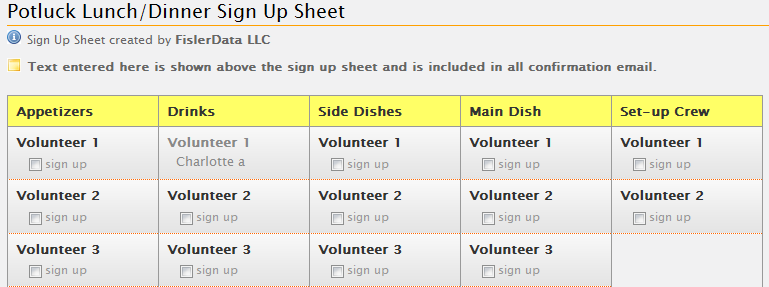 Potluck lunch or picnic sign up sheet example