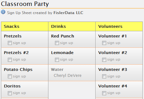 Classroom party sign up sheet example